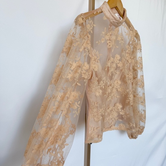 Peach Couture Women's Beige Sheer Floral Embroidered Blouse Size M Cropped - Picture 4 of 11